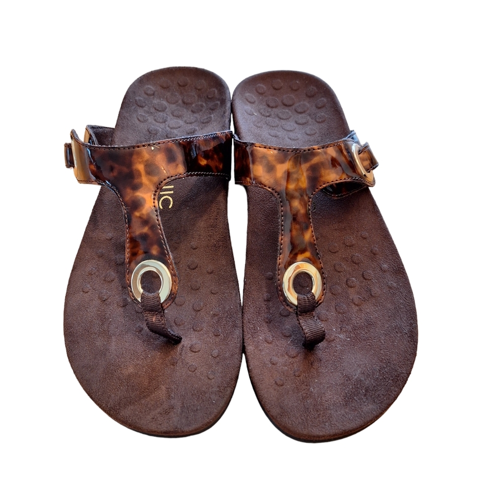 Vionic Lana Brown Patent Animal Print Orthotic Sandals Flip Flops Women's sz9